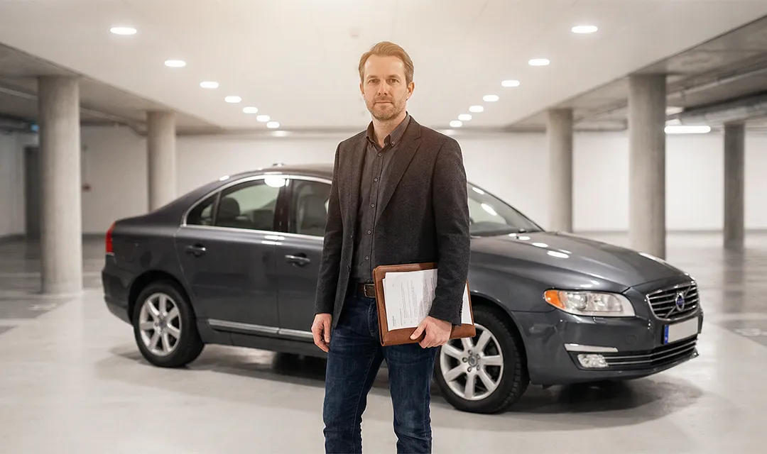 Autónomo con carpeta de documentos junto a un sedan gris oscuro en parking, representando las deducciones fiscales del renting para autónomos